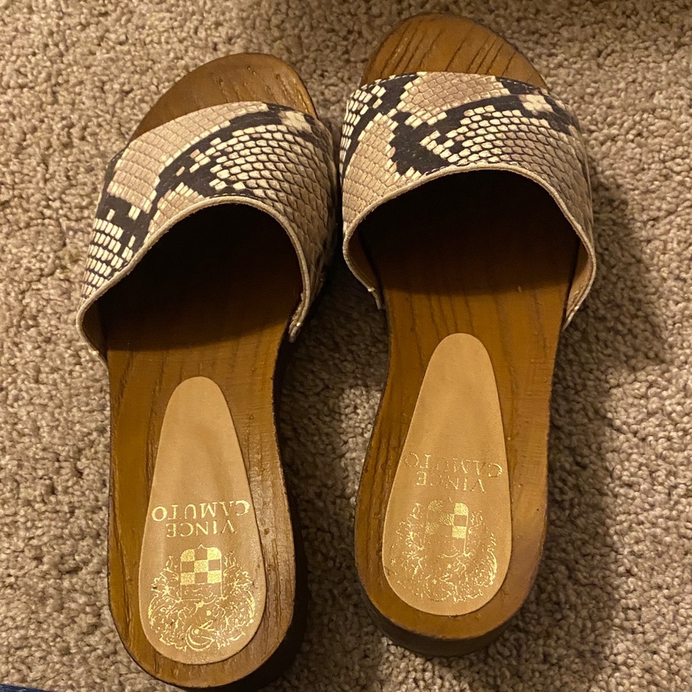 Vince Camuto Snake Print Slide Sandals - Black and Cream